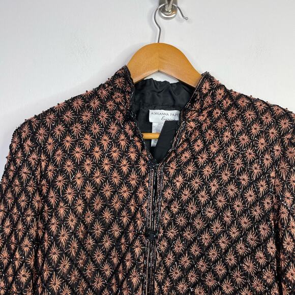 Vintage Adrianna Papell Evening Silk Beaded Embroidered Jacket Black Copper S - Picture 2 of 14